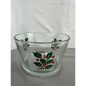Vintage Indiana Glass Christmas Holly Berry Glass Bowl Holiday Serving Dish